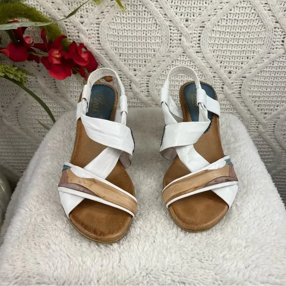 AZURA White Tan Patchwork Strap Wedge Criss-Cross Strap Leather Sandals‎ Sz 8/39